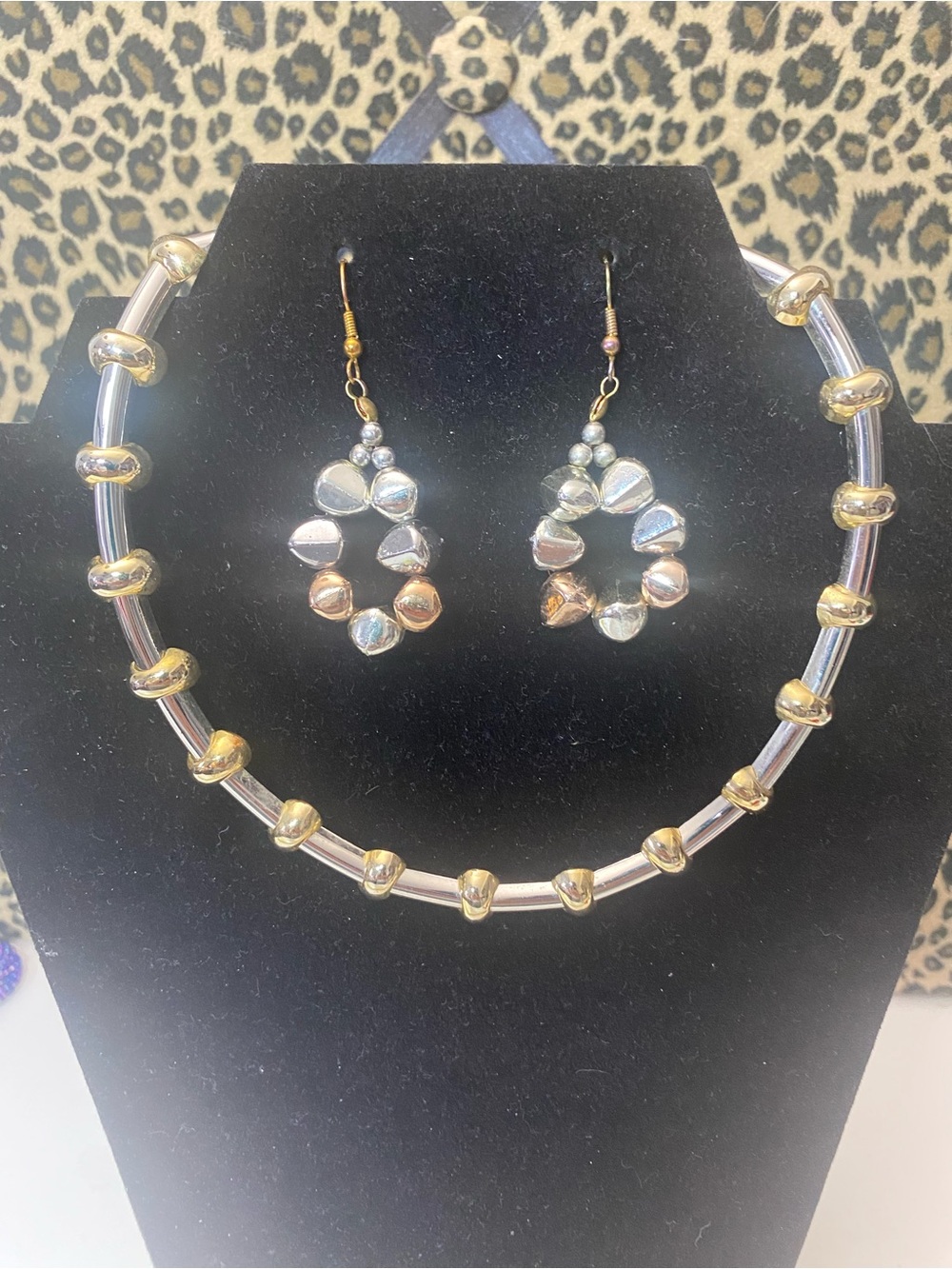 Vintage Two-Tone Gold & Silver Omega Choker Necklace & Earring Set Teardrop